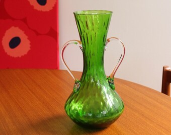 MidCentury Empoli Optic Glass Vase With Twin Handles. Emerald Green,