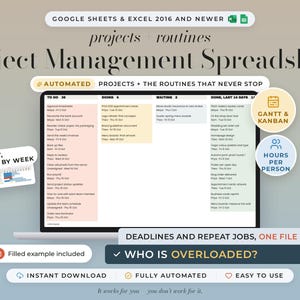 May include: A digital project management spreadsheet for Google Sheets and Excel 2016 and newer. The screen displays a task board with columns labeled To Do, Doing, Waiting, and Done, featuring automated tracking for projects, routines, deadlines, and repeat jobs.