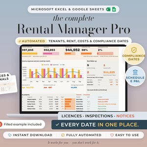 May include: A digital rental management dashboard for Microsoft Excel and Google Sheets titled The Complete Rental Manager Pro. It displays financial data, occupancy rates, and tenant information with charts, tables, and automated tracking features.