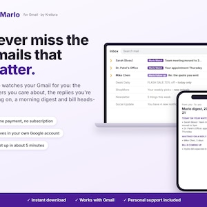 Puede incluir: Un gráfico de marketing digital para Marlo for Gmail de Krellora. El texto dice: Never miss the emails that matter. Muestra la pantalla de una computadora portátil con una bandeja de entrada y un teléfono inteligente con una lista de resumen.