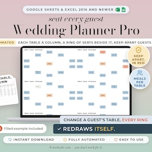 Puede incluir: Una hoja de cálculo digital de planificación de bodas en una pantalla de portátil, con planos de asientos automatizados, mesas en columnas y asientos en azul o rojo. El texto incluye Wedding Planner Pro, Automated y Keep Apart In Red.