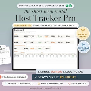 May include: A digital spreadsheet template for Microsoft Excel and Google Sheets titled The Short Term Rental Host Tracker Pro. The interface displays a dashboard with financial metrics, occupancy rates, and owner statements for rental properties.