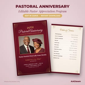 May include: A maroon and cream pastoral anniversary program template featuring a photo of a man and woman, with text including 25th Pastoral Anniversary, Pastor David and First Lady Grace Brooks, and an Order of Service list.