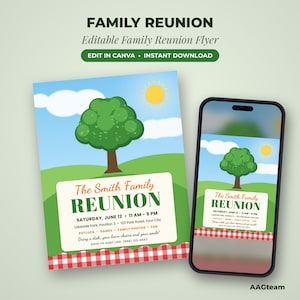 Modello di volantino per riunione di famiglia, invito per picnic estivo, volantino con albero genealogico, modificabile in Canva