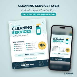 May include: A digital cleaning service flyer template featuring a teal spray bottle graphic, a list of services, a 20% off badge, and contact information. The flyer includes the text Professional Cleaning Services, Our Services, and $99.