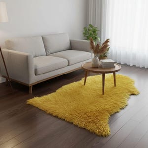 Genuine Sheepskin Rug Mustard Yellow Fluffy Fur Throw 3x2 Pelt Wool Mat Vibrant Living Room Decor Bold Accent Pad Soft Bedside Carpet Hide