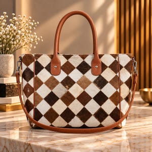 May include: A tote bag featuring a brown, tan, and white diamond-patterned hide exterior. The bag includes two brown leather top handles, a detachable brown leather shoulder strap with silver-toned metal hardware, and brown leather trim.