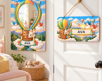 Hot Air Balloon Name Mirror and Door Sign Set, Personalized Kids Room Bundle, 3D Hot Air Balloon Nursery Decor, Custom Name Gift