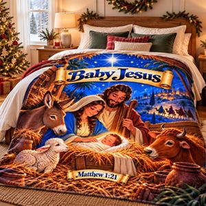 May include: A plush blanket featuring a colorful nativity scene with Mary, Joseph, and the infant Jesus in a manger. The design includes a donkey, a lamb, and a cow, with text reading Baby Jesus and Matthew 1:21 on golden scroll banners.