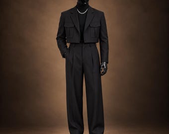 Men's Black 2 Piece Suit, Cropped Blazer, Wide Leg Pants, Modern Formal Outfit