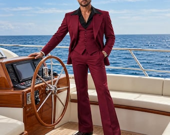 Men’s Burgundy 70s-Inspired Three Piece Suit, Peak Lapel Flared Trouser Set