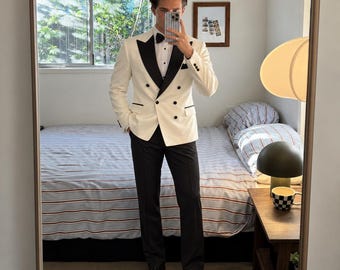 Men’s Ivory Dinner Jacket Tuxedo, Black Peak Lapel, Formal Groom Wedding Suit