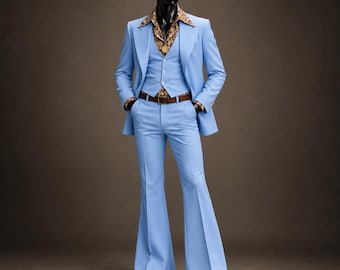 Men's Light Blue 70s Retro 3-Piece Suit, Wide-Leg Groom Prom Wear