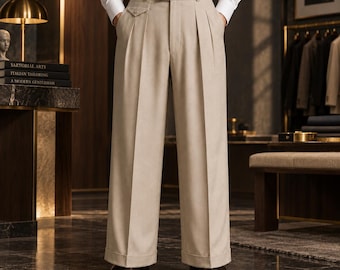 Men's 1940s High Waisted Pleated Wide Leg Trousers Vintage Tailored Pants