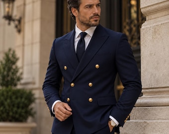 Men’s Navy 6x2 Double-Breasted Suit with Peak Lapels, Contrast Metallic Buttons