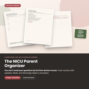 以下が含まれることがあります： NICU Parent Organizerのデジタルプランナーセット。毎日の回診質問ログと退院チェックリストが含まれています。白いページには、回診、シフト更新、授乳、退院手順を記録するための構造化されたフィールドが配置されています。
