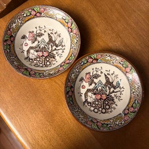 May include: Two round ceramic bowls featuring a cream-colored center with a black and white geometric pattern, accented by pink flowers and green leaves. The rim of each bowl is decorated with a colorful floral border in shades of pink, green, and yellow.