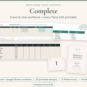 May include: A digital Mahjong Host Studio workbook and printable set featuring event schedules, table assignments, player tracking sheets, and a Mahjong & Merriment invitation. The collection includes Excel and Google Sheets files, 33 printable designs, 17 fillable forms, and various guides.
