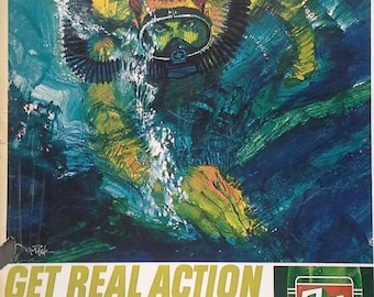 Scuba Diver Illustrated Bob Peak 60s for 7UP Very Cool Skin Diver Scuba Fans Corner Rip Gift Man Cave Intense 13 x 11 Ready Frame