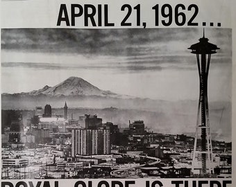 Seattle WA Space Needle Opening Day April 21, 1962 World's Fair Tourism Mt. Ranier Downtown 60s WA State BW Photo 13 x 10 Ready for Framing.