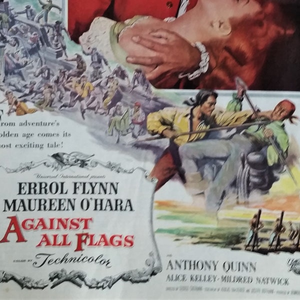 Movie Ad Poster -Errol Flynn Pirate 'Against All Flags' -Marueen O'Hara Photo Illus -52 Classic Movie - Anthony Quinn  -13x10 Ready Frame