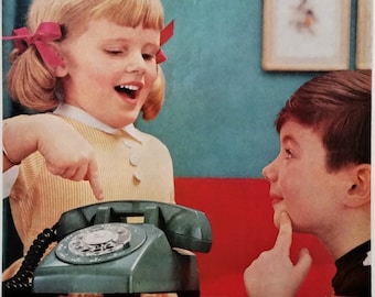 Vintage Bell Telephone Ad, 1960s Green Rotary Phone Print