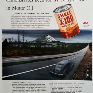 40s Coupe Alaska Trip Pacific Coast 1941 Trip from Argentine Noir Illustration Mountain Olympia WA Color Shell Gas Ad 13x10 Ready Framing.