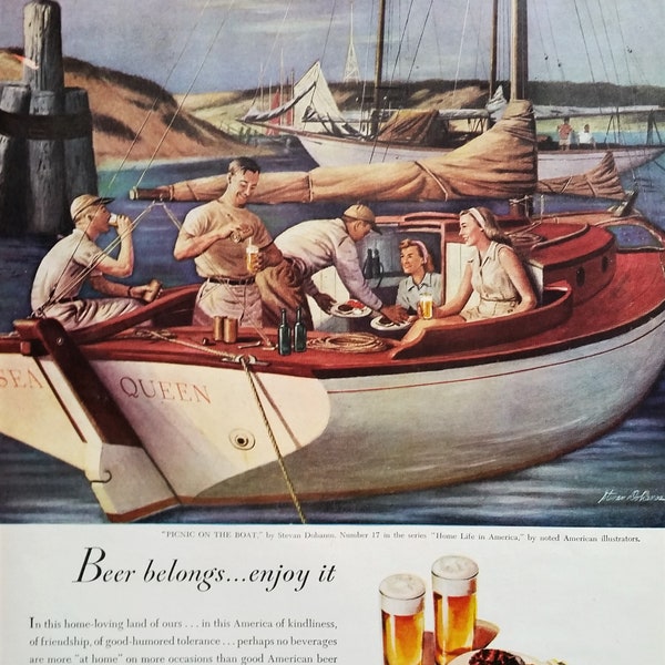 Vintage Beer Ad Color Illustration 40s 'Beer Belongs' Cruise Boat 'Sea Queen' Happy Friends Sloop Ocean Lake Boating 13x10 Ready for Frame