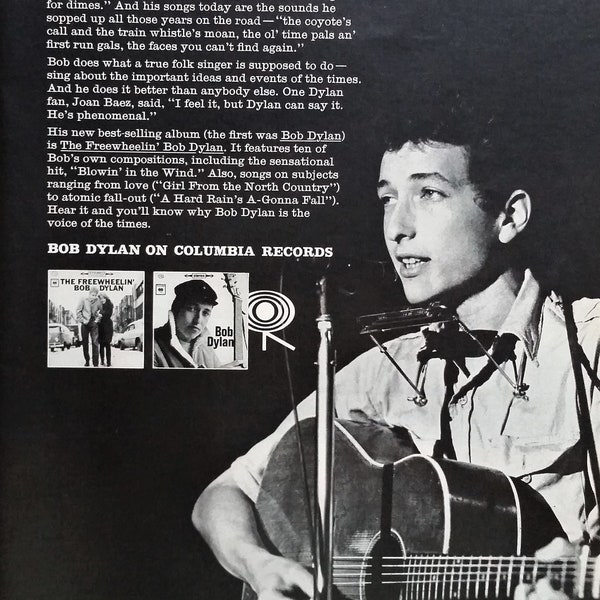 Bob Dylan On Stage Album Covers "How Many Roads...'  BW Photo Ad 1970s America's Poet Early "The Freewheelin'"  Unique 8x10 Ready Framing.