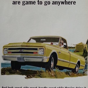 1968 Yellow Chevy Truck.  Illustrated Yellow Fleetside.  Camping and Off Road Driving.  8 x 10.   Ready for Framing.