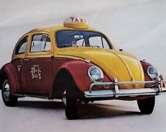 VW Volkswagen Two Tone Taxi &#39;Taxi&#39; Light Uber Paint Job 60s VW for NYC Chicago San Francisco Titled.  Volkswagon 13 x 10 Ready for Framing.