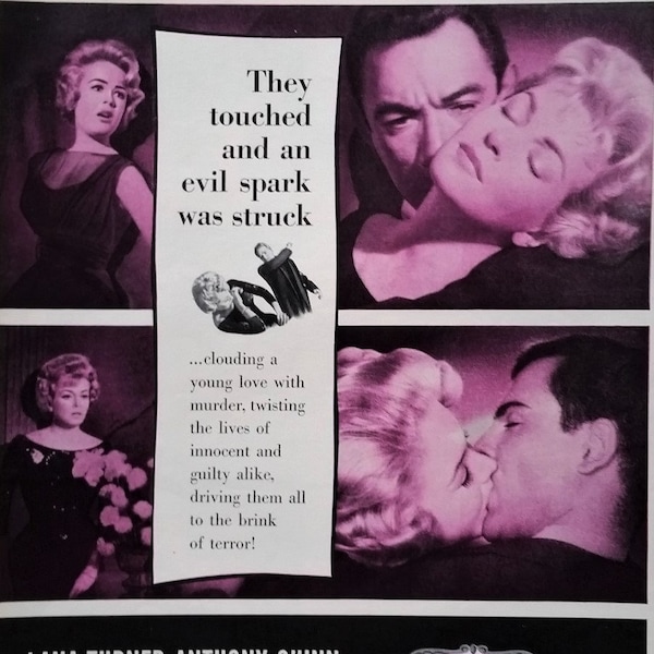 Movie Poster  "They Touched and an Evil Spark Was Struck' 1960 Neo-Noir Thriller Lana Turner Anthony Quinn Portrait in Black Ad 13x10 Frame