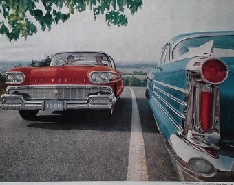 58 Oldmobile Red & Blue Fins Classic Detroit Design Very Cool GM ad for Man Cave Garage Ad Art 50s Car Models 14 x 10 Ready Framing.