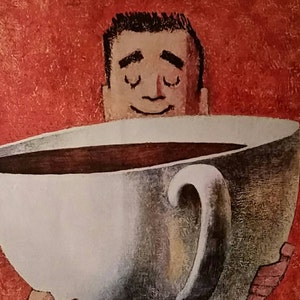 Vintage Coffee Advertisement - Classic Man Holding a Large Cup of Coffee - Retro Art for Kitchen, Salon, Deli, or Breakfast Nook 13x10 Frame