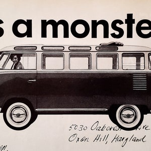 VW Volkswagen Station Wagon &#39;Its a Monster&#39; says Mom Driver Sitting in Micro Bus BarnDoor BW Letter Oxon Hill MD Side View 13x10 Frame