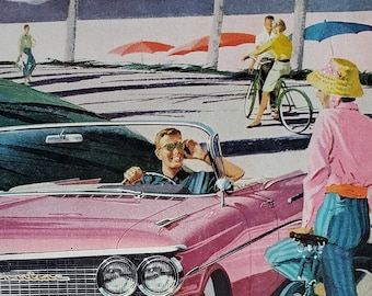 Pink Pontiac Convertible Bonneville White Wheels Checking Bike Riding Ladies Beach Mountains llustration 2 pages 13x10 Ready for Framing.