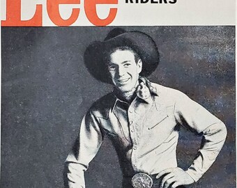 Lee Rider Jeans Corey Tibbs 55/56 &#39;Champion Cowboy&#39; Rodeo Half Page Unique & Classic  Iconic Cowboy Broncin Bucks Pose 13x10 BW Photo.