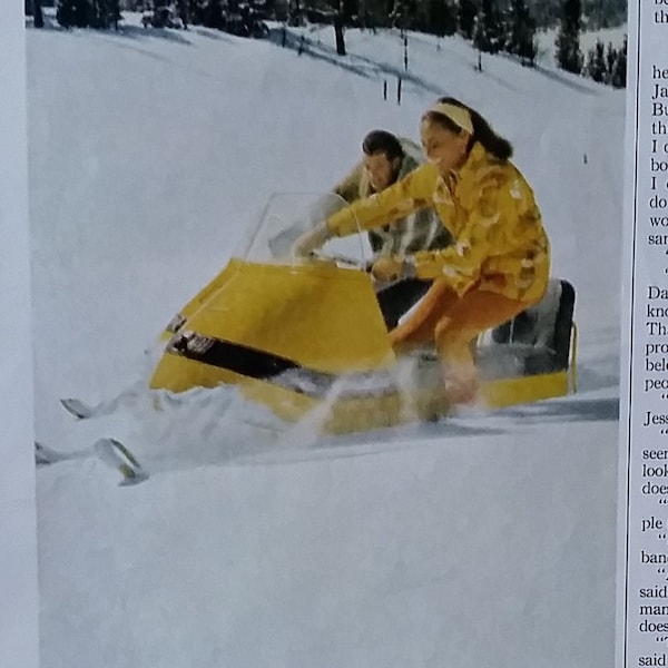 Vintage Ski-Doo Yellow Bombardiers Couple On Mountainous Hills Downhill Sunny Day Half Page Exc Cond Fun Garage Ad Art Man Cave 13x10