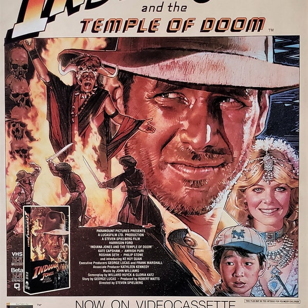 Movie Poster Ad "Indiana Jones Temple Doom" VHS Ad Color Short Round Kate Capshaw Illustrated 1981 Cult Thriller Harrison Ford 8x10 Frame