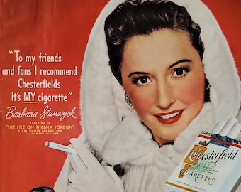 Movie Star Barbara Stanwyck for Chesterfield Cigarettes Ad White Fur Hoodie  Pose Beautiful Hollywood 50s Actress Movie Room Ad Art 13x10 Red
