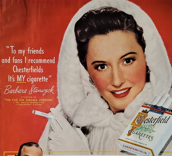 Movie Star Barbara Stanwyck for Chesterfield Cigarettes Ad White Fur Hoodie  Pose Beautiful Hollywood 50s Actress Movie Room Ad Art 13x10 Red