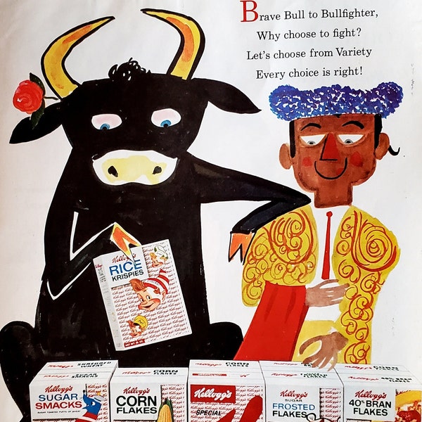 Matador and Bull With Rose in Ear Illustrated for Cereal "Brave Bull to Bullfigther - Why Choose to Fight?" Cute Fun 60s Variety Pack 13x10