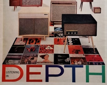 Vintage Columbia Speaker Console Ad – Mid-Century Modern Mahogany Print