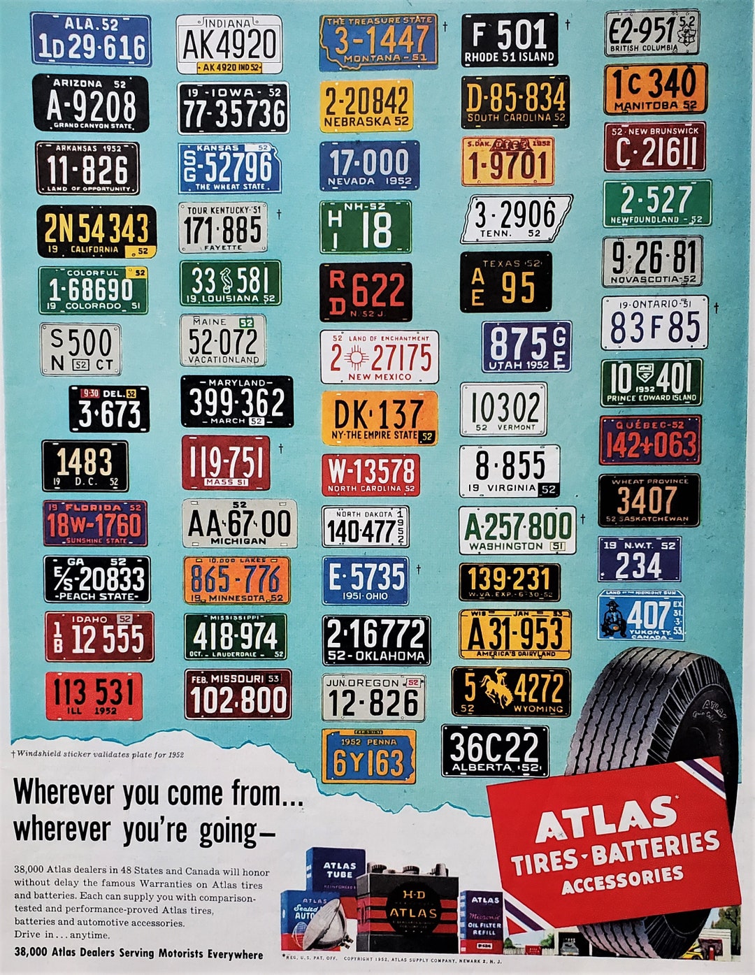 License Plates 1952 Vintage Collage US and Canada Auto Plates Colors