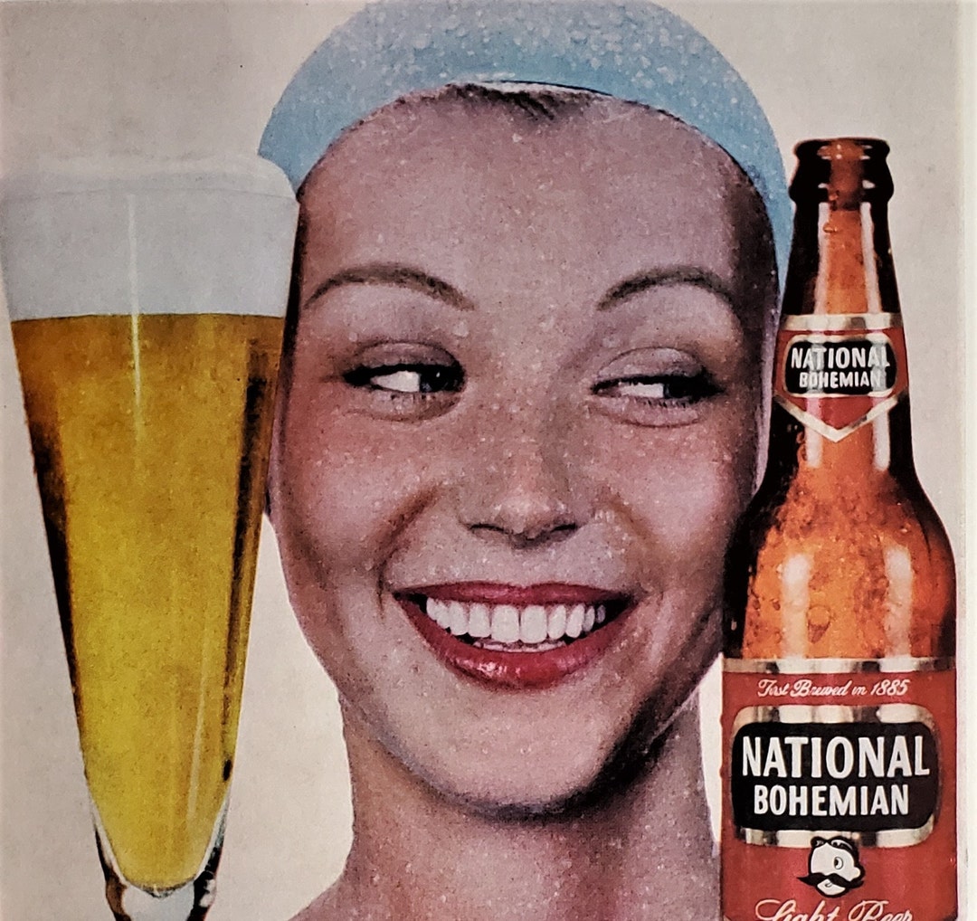 Pretty Girl Blue Swim Cap Fashion Beer Ad National Bohemian Natty Boh ...