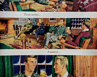 Schlitz Beer 3-Panel Ad Couples Cabin Art Vacation Roasting Fire Rustic Fashion Snowy Illust Fun Gift Man Cave 50s 13x10 Frameable