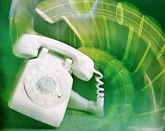 Slamming Down White Rotary Phone Green Background Western Electric Old School Tech Pre-Cell 50s  Home Call The Dialing Way 13x10 Ready Frame