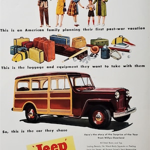 Original Willys-Overland Woody Station Wagon Jeep Illustrated Family &#39;Post-War&#39; Vacation Luggage ATV Original 13x10 Ready Frame Exc Cond