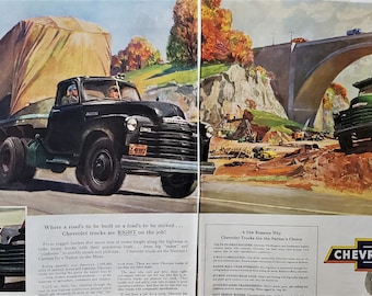 Peter Helck Racecar Illustrator 40s-60s Unique Ad Chevy Chevrolet Trucks 50s Excavating Bridge Work 2 pages Color Ad Art 13x10 Ready Frame