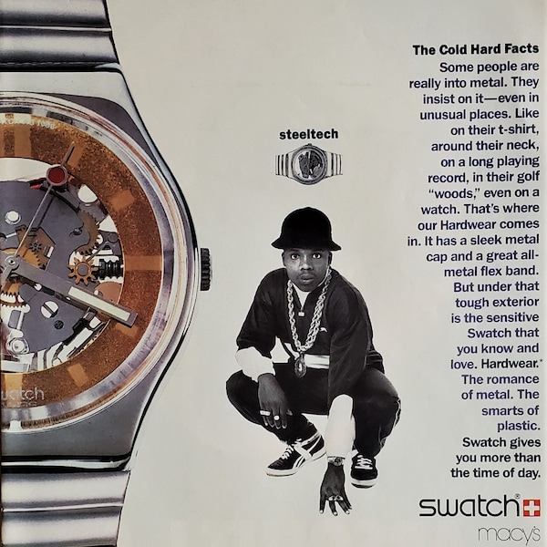 1989 Swatch Macy's The Cold Hard Facts Steeltech Watch Sales Art Print Ad/Poster Rapper Gold Chain Necklace Hip Hop Fashion BW Photo 12x10